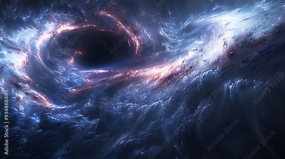 Poster black hole in the center of a 3d cosmic void with 2d light and matter spiraling into the darkness sh