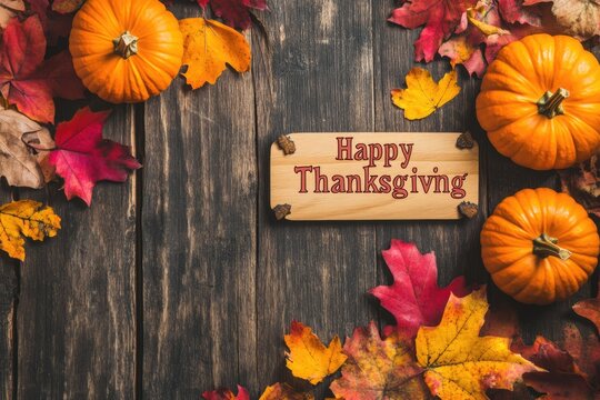 Happy Thanksgiving words on wooden background with pumpkins, yellow and red autumn maple leaves