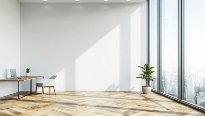 Fototapeta premium Minimalist Office Interior with Desk, Chair, and Window View