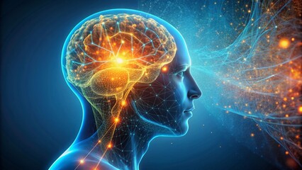 Fototapeta premium Digital wireframe rendering of glowing human head with brain on blue background in light orange and dark cyan colors, with glowing particles