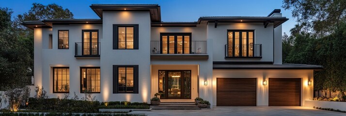 Obraz premium An exterior front view of an modern farmhouse style home in beverly hills, white stone with dark wood accents and large windows,