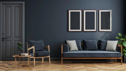 Modern Living Room with Grey Walls, Wooden Floor, and Blue Furniture
