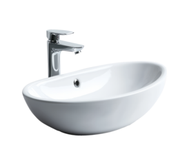 White bathroom sink object with gray chrome faucet isolated on transparent background