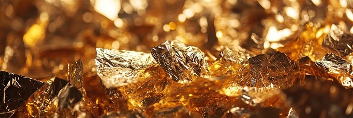close up view of a pile of gold foil,
