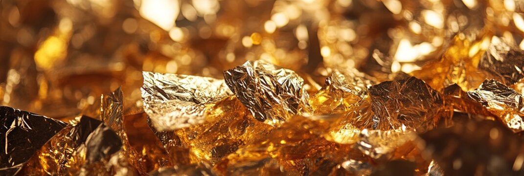 close up view of a pile of gold foil,