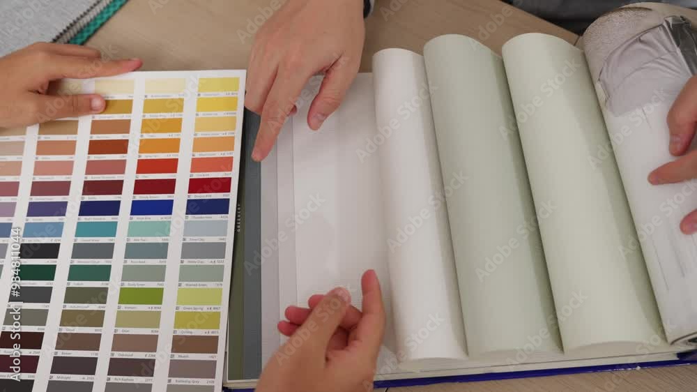 Poster slow motion hand closeup architect and interior designer presenting textile material and color from 