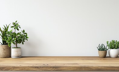 Wooden Tabletop with Green Plants Against a White Wall