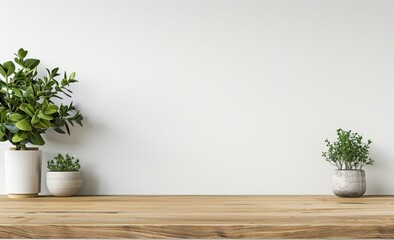 Wooden Tabletop with Green Plants and White Wall