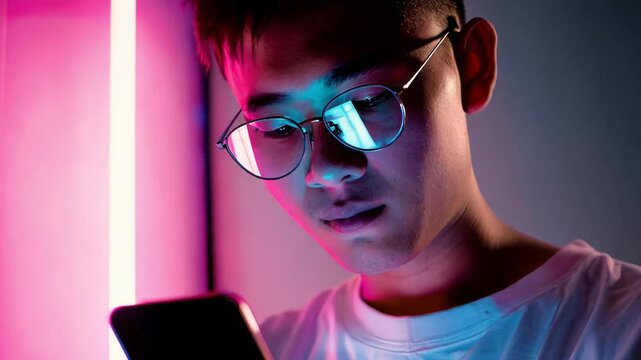 A young person engrossed in their phone, illuminated by vibrant neon lights, showcasing a modern, tech-savvy lifestyle.