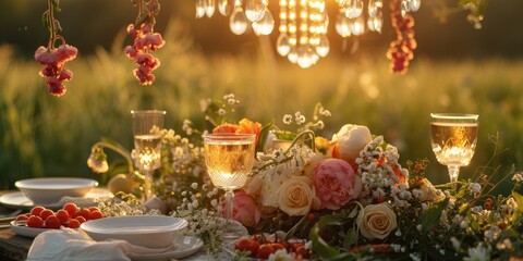 Fototapeta premium Charming summer-inspired wedding table arrangement featuring an elegant chandelier, gentle candlelight, delicious delicacies, refreshing white wine, fresh fruits, and lovely ranunculus blooms.