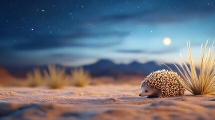 Obraz premium Hedgehog wandering through the moonlit desert, its spiky silhouette standing out against the starry sky and arid terrain.