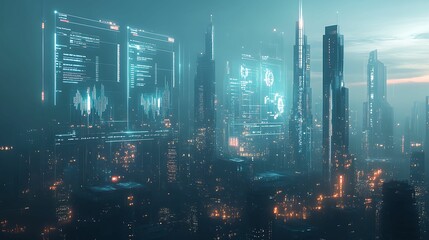 Futuristic cityscape with holographic charts displaying economic policy metrics, concept of modern urban economic planning 