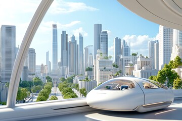 Futuristic transportation concept featuring a sleek pod overlooking a modern city skyline with advanced architecture.