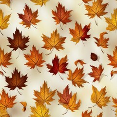 Fototapeta premium A pattern of autumn leaves in various shades of orange, red, and yellow on a light background.