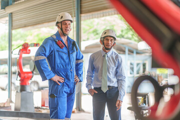 asian managers and young caucasian engineers inspecting the robots before delivery to customers