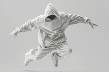 A Person Wearing a White Hoodie and Pants Jumps in the Air