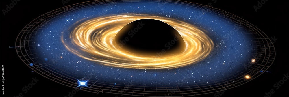 Poster black hole where infinite density is shown as a 3d singularity with 2d spacetime grids bending and w