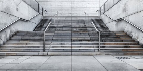 A monochromatic photograph showcasing the geometric details and symmetry of an outdoor concrete staircase enhanced by sleek metal handrails guiding the viewer s gaze in a graceful descent