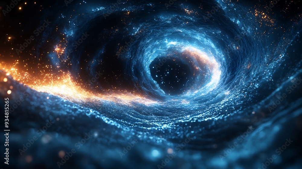Poster black hole where infinite density is depicted as a 3d point of no return with 2d light waves being s