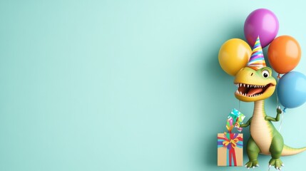 Obraz premium A cheerful dinosaur celebrating a birthday with colorful balloons and a gift, perfect for festive themes.