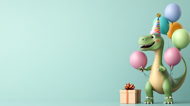 A cheerful dinosaur celebrating a birthday, adorned with a party hat and colorful balloons, perfect for fun events or invitations.