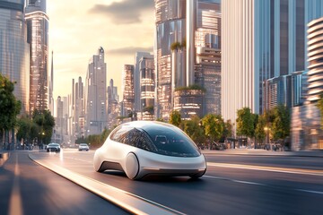 Futuristic autonomous vehicle navigating through a modern cityscape during sunset, showcasing innovation and urban lifestyle.