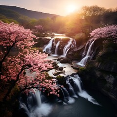 Fototapeta premium a waterfall with pink flowers. 