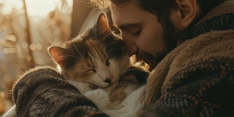 Joyful feline greeting its owner upon arrival, with a man embracing his lovable calico cat.