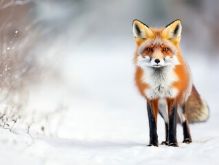 Obraz premium A majestic red fox stands gracefully in a snowy landscape, showcasing its vibrant fur and keen expression in a serene winter setting.
