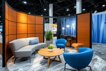 A trade show booth with comfortable seating for client meetings