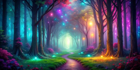 Enchanting magic forest with glowing neon colors and mysterious pathway in the jungle
