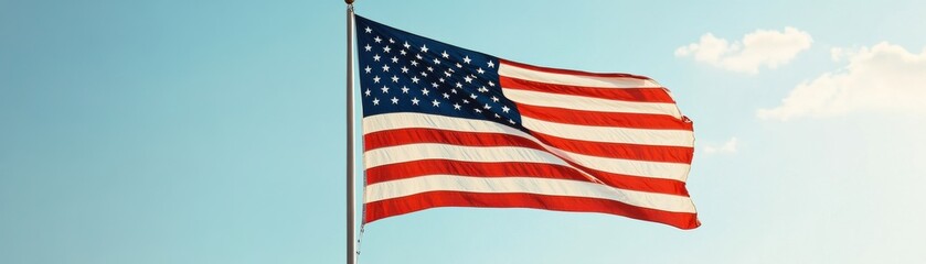 Fototapeta premium A vibrant American flag waving against a clear blue sky, symbolizing patriotism and national pride.