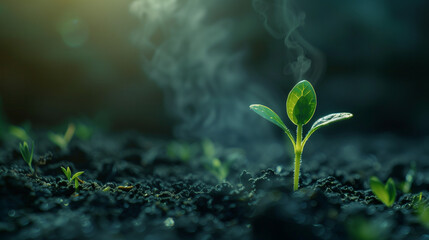 A sprout emerging from dark soil in the morning light, symbolizing hope and new life