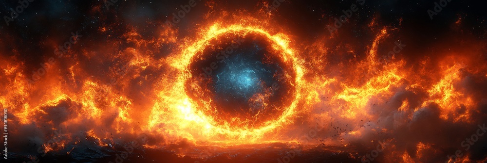 Poster black hole with a glowing event horizon that distorts everything around it creating a 3d vortex of l