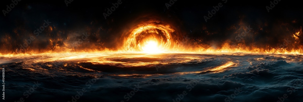 Poster black hole with a glowing event horizon that distorts everything around it creating a 3d vortex of l
