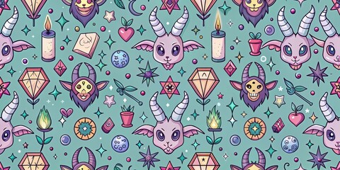 Cute pattern featuring baphomet and magic items such as crystals, potions, spell books, and pentagrams, baphomet, cute