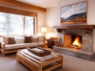 Fototapeta premium Cozy living room featuring a warm fireplace and rustic furniture, perfect for relaxation and comfort during winter months.