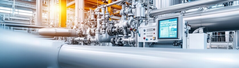 Obraz premium Industrial machinery with pipes and control panels, showcasing modern technology and engineering in a factory environment.