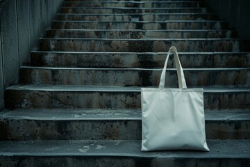 White Tote Bag on Concrete Steps