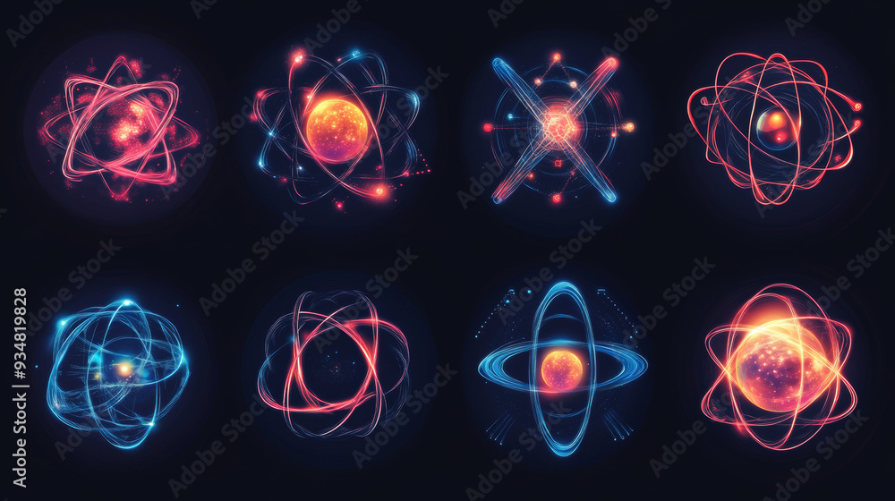 Poster a set of atom elements and symbols for science concepts, suitable for use in logos and related desig
