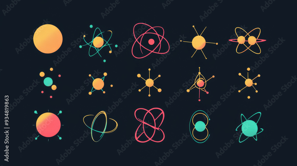Poster a set of atom elements and symbols for science concepts, suitable for use in logos and related desig