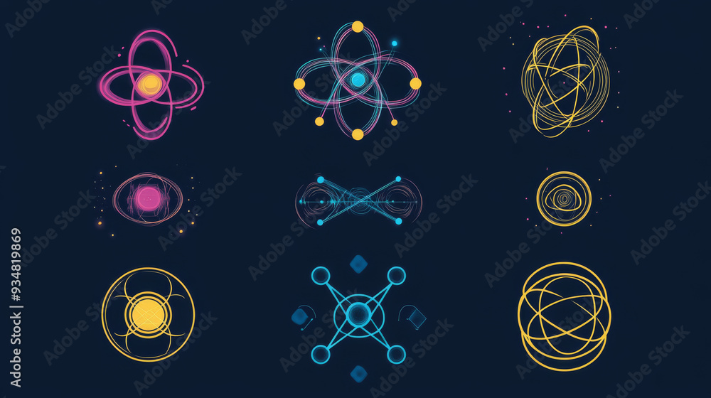 Poster a set of atom elements and symbols for science concepts, suitable for use in logos and related desig