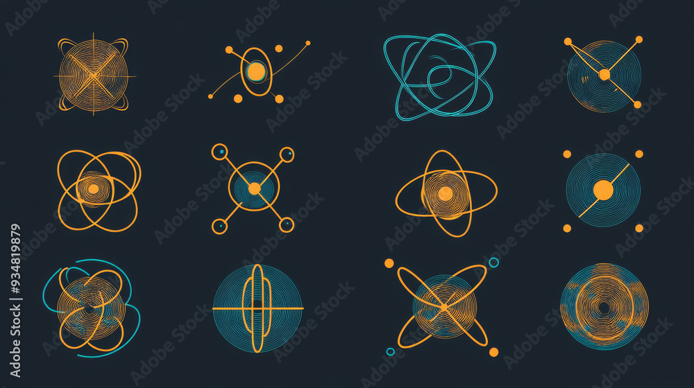 Poster a set of atom elements and symbols for science concepts, suitable for use in logos and related desig