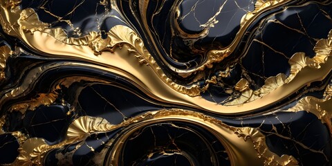 Elegant Black and Gold Abstract Marble Design With Flowing Metallic Patterns