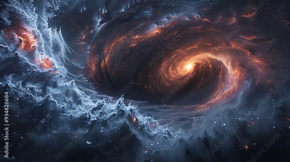 Poster black hole's event horizon portrayed as a 3d curtain of darkness with 2d starlight bending and stret