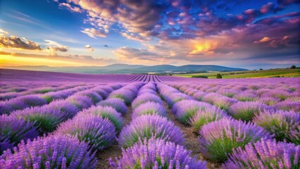 Obraz premium Peaceful view from a lavender field , lavender, flowers, field, panorama, landscape, nature, purple, tranquil, calming, beauty