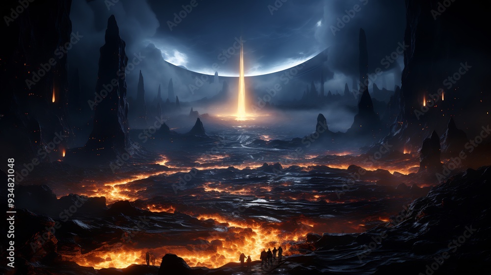 Poster black hole's event horizon where spacetime warps into a surreal 3d landscape with 2d light trails fr