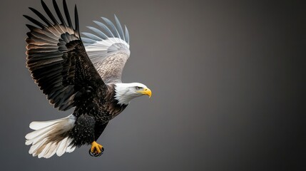 Fototapeta premium A majestic eagle in flight, showcasing its powerful wings and sharp beak against a muted background, symbolizing strength and freedom.