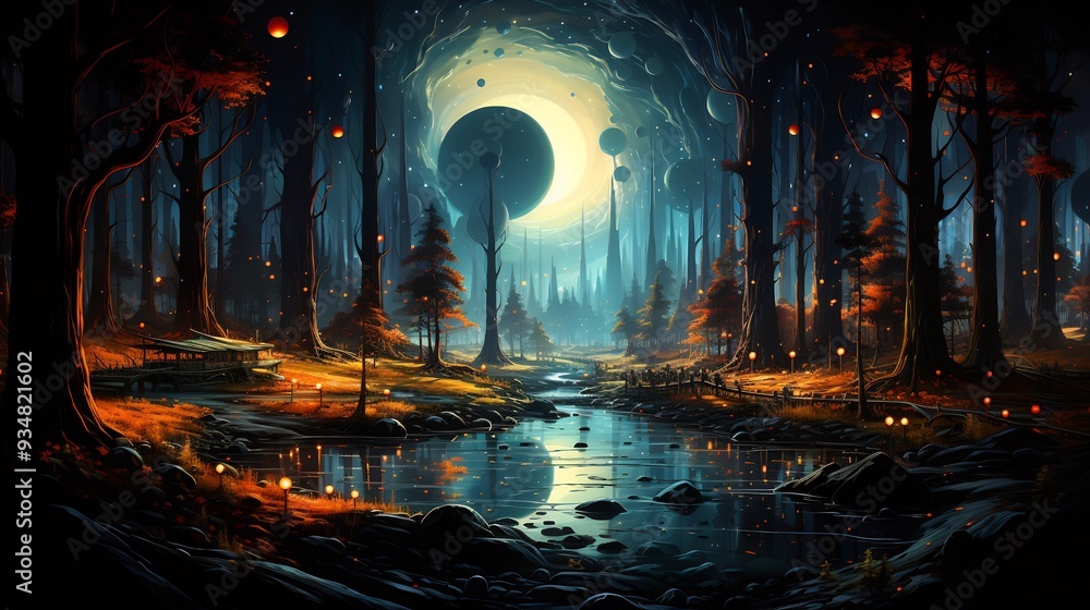 Poster black hole's event horizon where spacetime warps into a surreal 3d landscape with 2d light trails fr