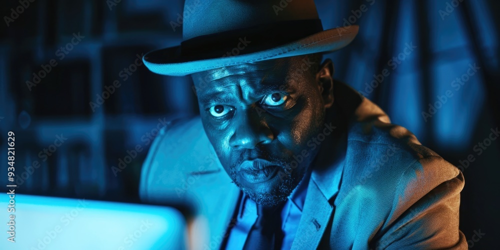 Poster african american operative engaging in unauthorized security infiltration at night, targeting cyberb
